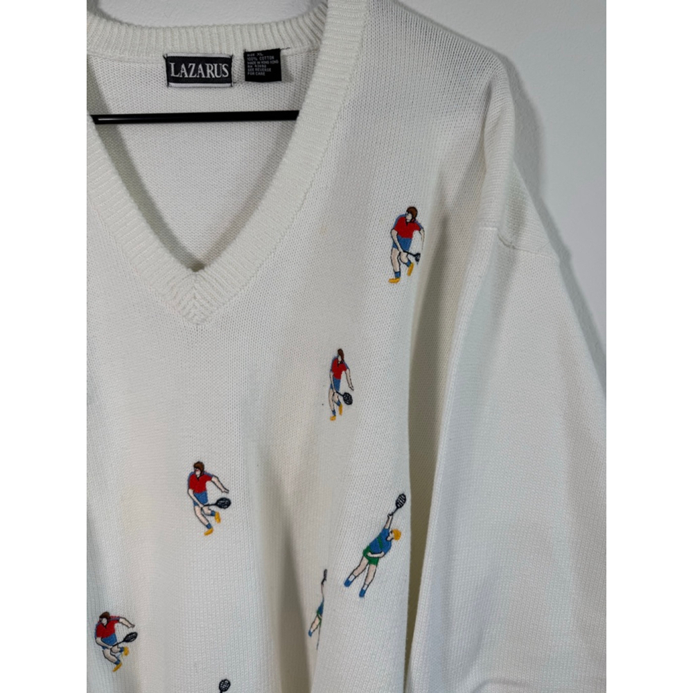 Men's‎ LAZARUS V-Neck Sweater XL White with Tennis Player Embroidery - Picture 4 of 10